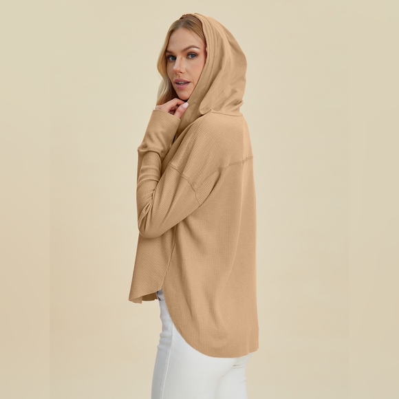 Double Take Full Size High-Low Dropped Shoulder Long Sleeve Hoodie - Picture 4 of 7